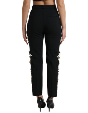 Black Floral Applique High Waist Tapered Pants