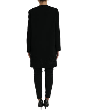 Black Floral Wool Button Embellished Jacket
