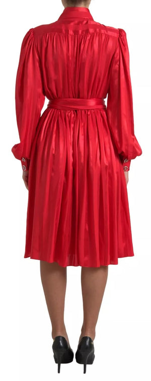 Red Button Down Belted Midi Satin Silk Dress