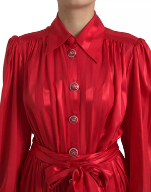 Red Button Down Belted Midi Satin Silk Dress