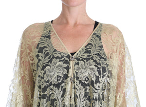 Gold Floral Lace Crystal Gown Cape Dress