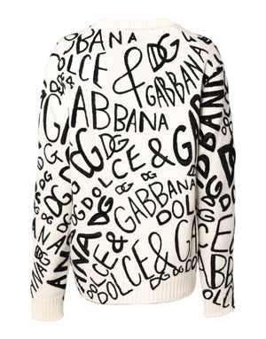 White Black Logo Print Women Pullover Sweater