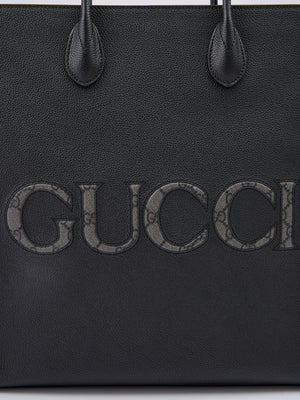 Black Leather Logo Medium Tote Bag