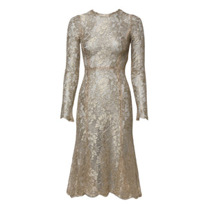 Gold Floral Lace Long Sleeves Fit & Flare Dress