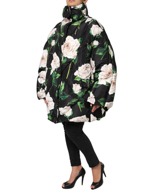 Black Floral Print Puffer Quilted Jacket