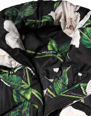 Black Floral Print Puffer Quilted Jacket