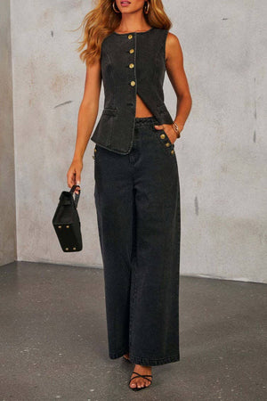 Smart sophisticated Buttons down Split Hem Denim vest top