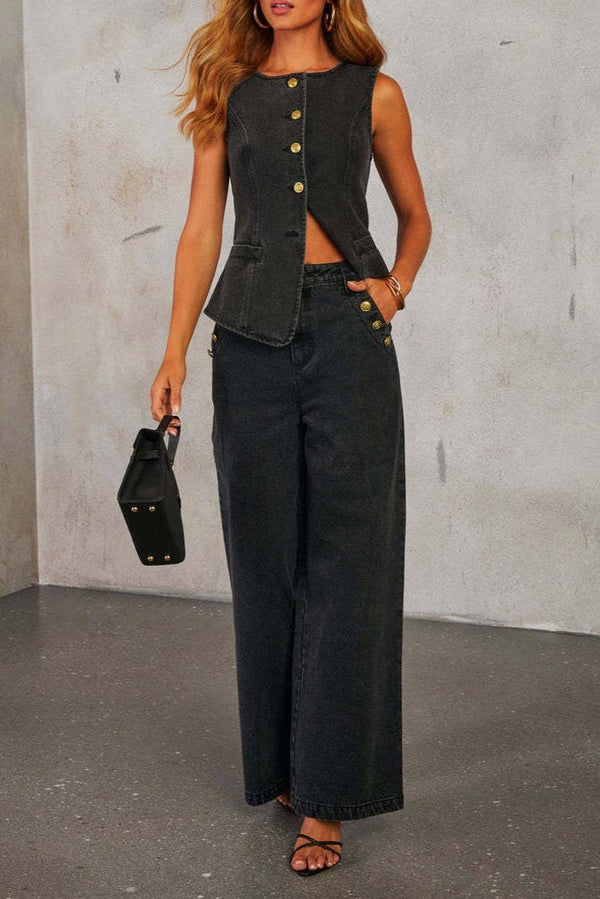 Smart sophisticated Buttons down Split Hem Denim vest top