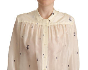 Off White 100% Silk Long Sleeves Collared Top Blouse
