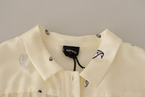 Off White 100% Silk Long Sleeves Collared Top Blouse