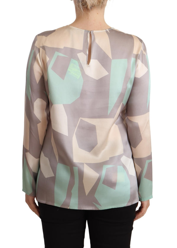 Multicolor Silk Long Sleeves Round Neck Top Blouse