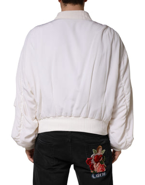 White Silk Full Zip Bomber Blouson Jacket