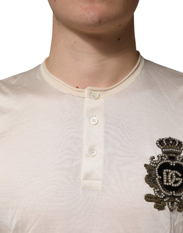 Off White Silk Logo Patch Men Henley T-shirt