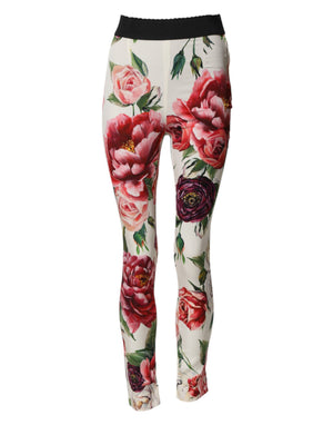White Floral Leggings Stretch Waist Pants