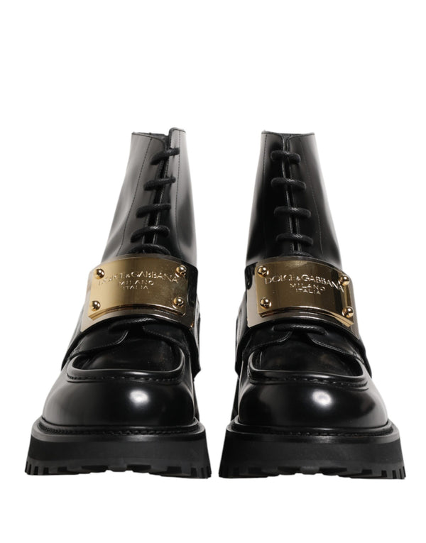 Black Leather DG Plaque Lace Up Boots Shoes