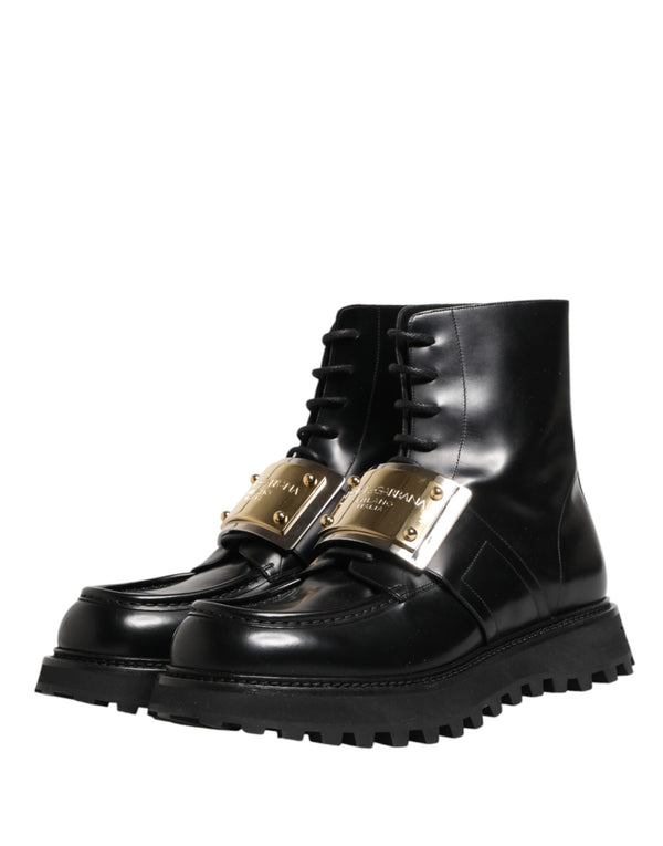 Black Leather DG Plaque Lace Up Boots Shoes