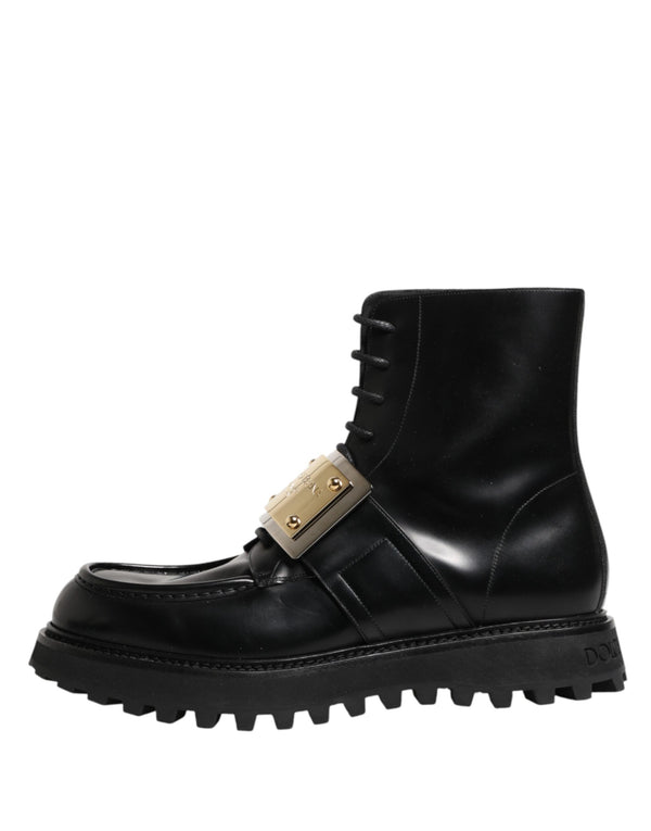 Black Leather DG Plaque Lace Up Boots Shoes