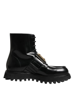 Black Leather DG Plaque Lace Up Boots Shoes