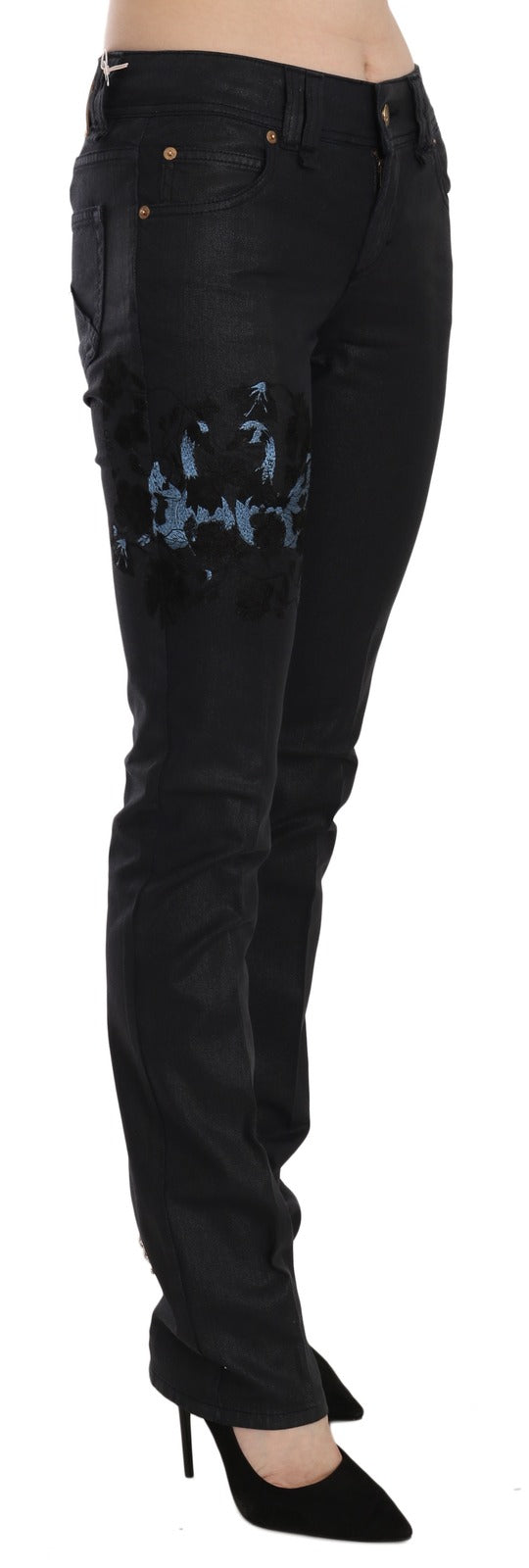Black Swan Floral Embroidered Mid Waist Skinny Denim Jeans