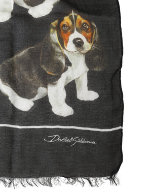 Black Modal Wool Dog Print Fringed 178cm x 64cm Scarf