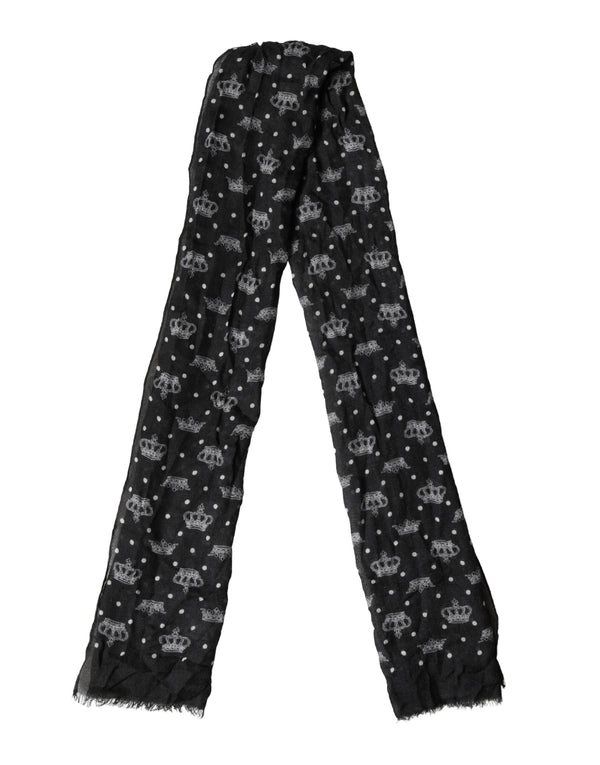 Black Wool Crown Print Fringe Neck Wrap 180cm x 65cm Scarf