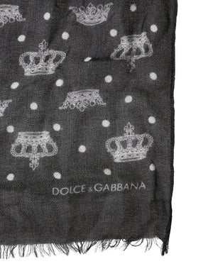 Black Wool Crown Print Fringe Neck Wrap 180cm x 65cm Scarf