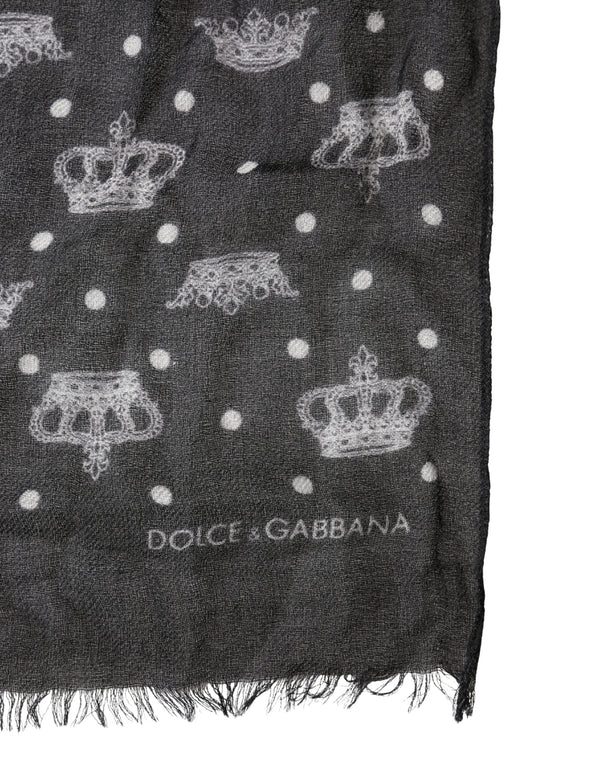 Black Wool Crown Print Fringe Neck Wrap 180cm x 65cm Scarf