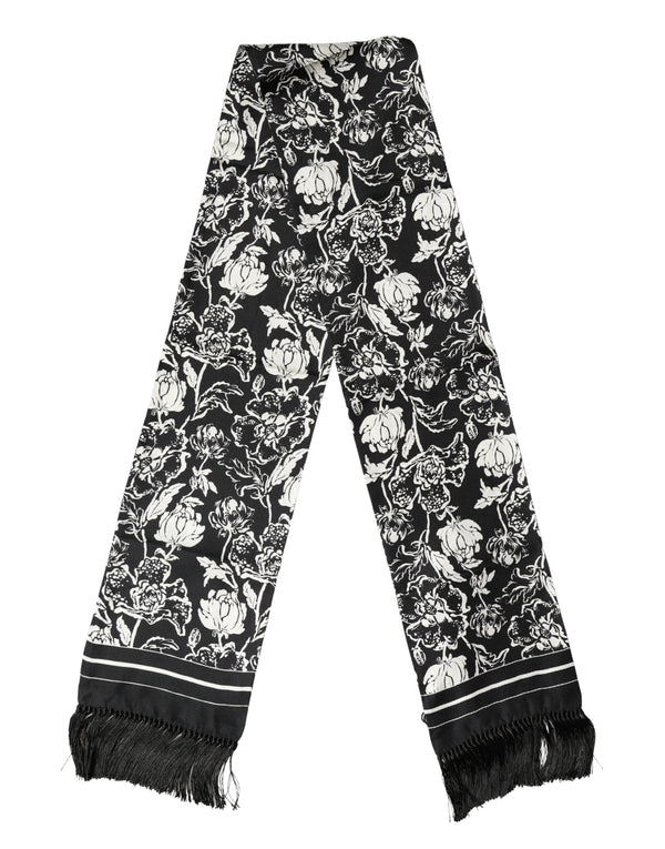 Black White Silk Floral Print Fringe 136cm X 15.5cm  Scarf
