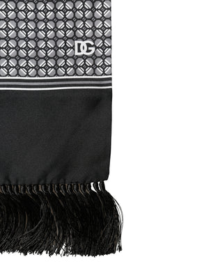 Black Silk Geometric Fringed Foulard 140cm x 15cm Scarf