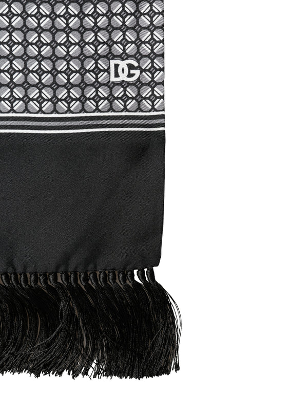 Black Silk Geometric Fringed Foulard 140cm x 15cm Scarf