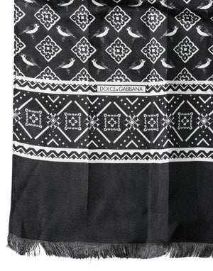Black Gray Silk Bird Fringe Wrap Foulard 140cm X 23cm Scarf