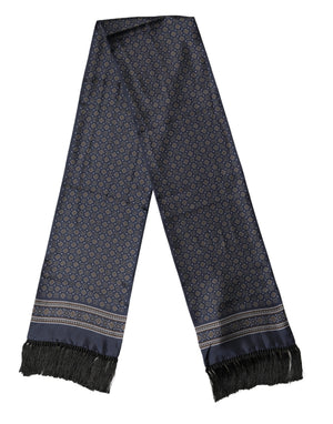 Navy Silk Geometric Fringe Foulard 137cm x 18cm Scarf