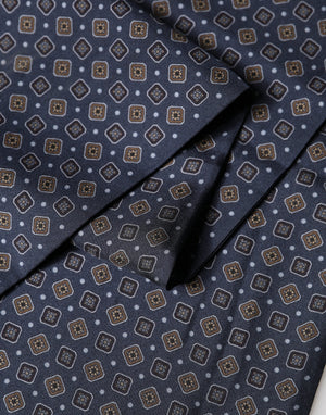 Navy Silk Geometric Fringe Foulard 137cm x 18cm Scarf