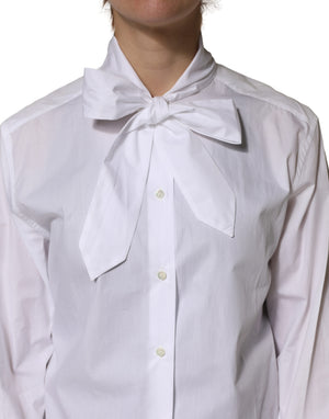 White Cotton Bow Tie Long Sleeves Blouse Top