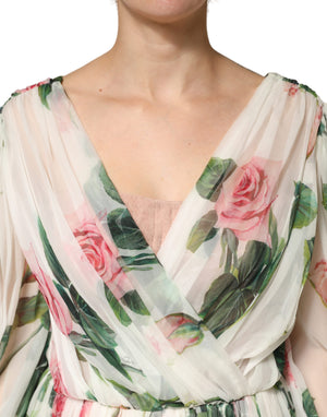 Green Floral Silk Wrap Midi Long Sleeve Dress
