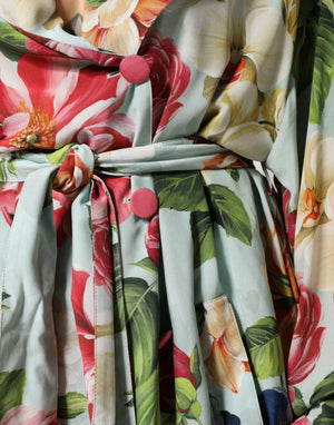 Green Floral Silk Wrap Midi Long Sleeve Dress