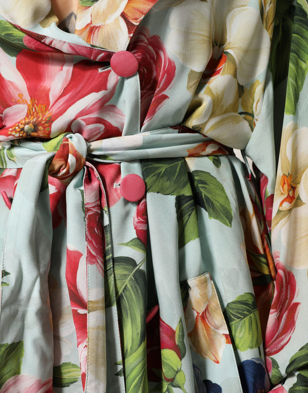 Green Floral Silk Wrap Midi Long Sleeve Dress