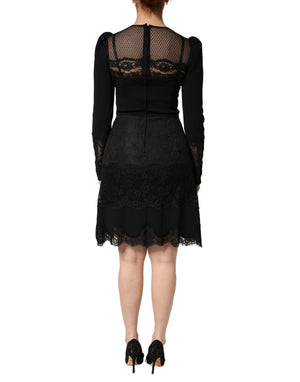 Black Lace Sheer Panel Midi Long Sleeve  Dress