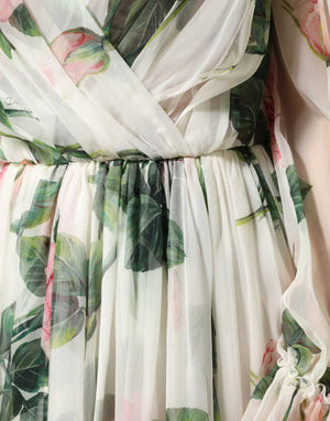 Floral Rose Ivory Silk Blend Longsleeve Dress