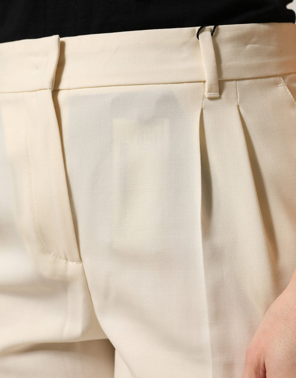 Ivory Wool Mid Waist Cropped Trouser Pants