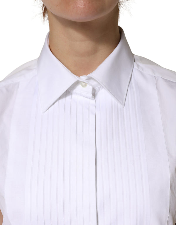 White Cotton Pleated Sleeveless Button Down Top