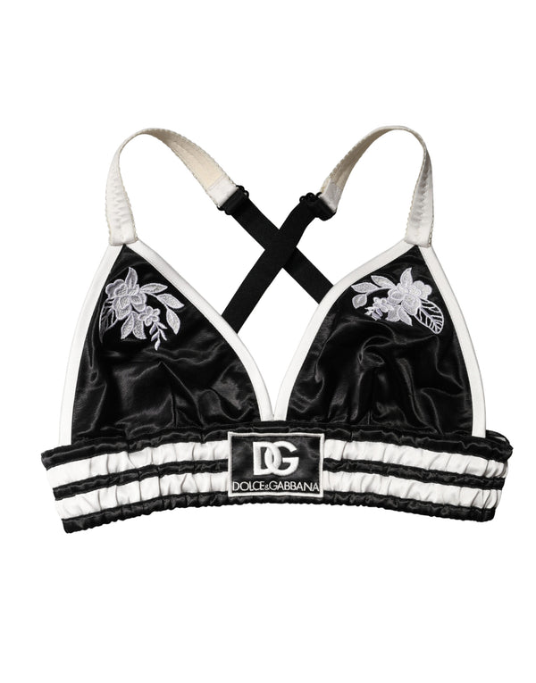 Black Floral Silk Satin Crop Logo Bralette Top