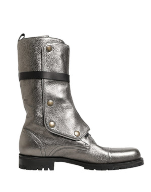 Metallic Leather Buckle Combat Boots Shoes