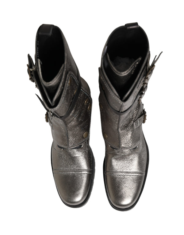 Metallic Leather Buckle Combat Boots Shoes