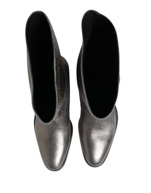 Metallic Silver Leather Knee High Boots Shoes
