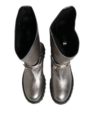 Metallic Silver Leather Mid Calf Boots Shoes