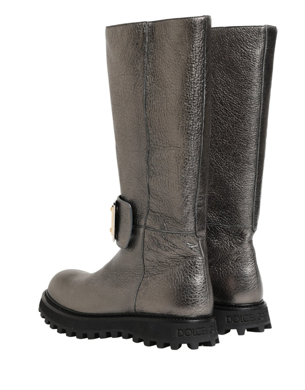 Metallic Silver Leather Mid Calf Boots Shoes