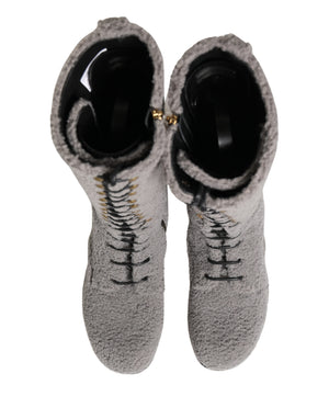 Gray Shearling Lace Up Knee High Boots Shoes