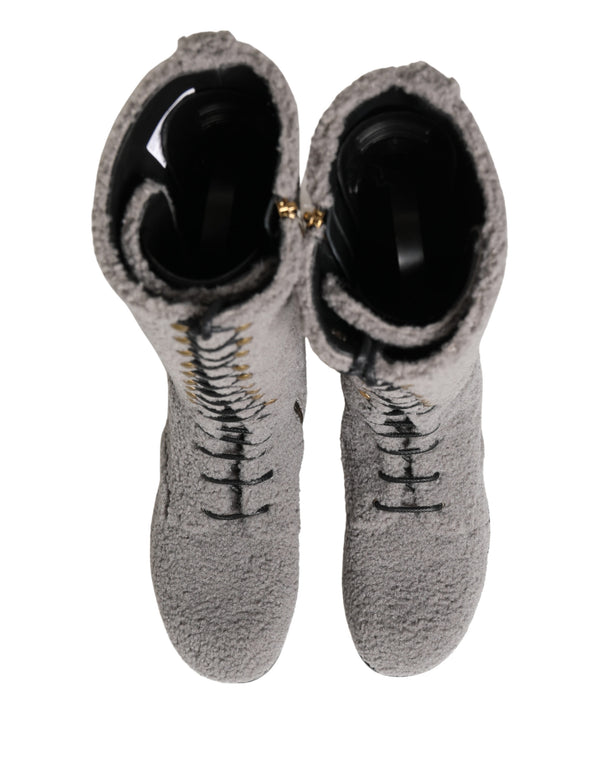 Gray Shearling Lace Up Knee High Boots Shoes