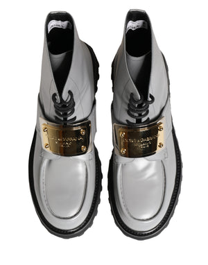 Gray Leather Logo Plaque Ankle Boots Shoes